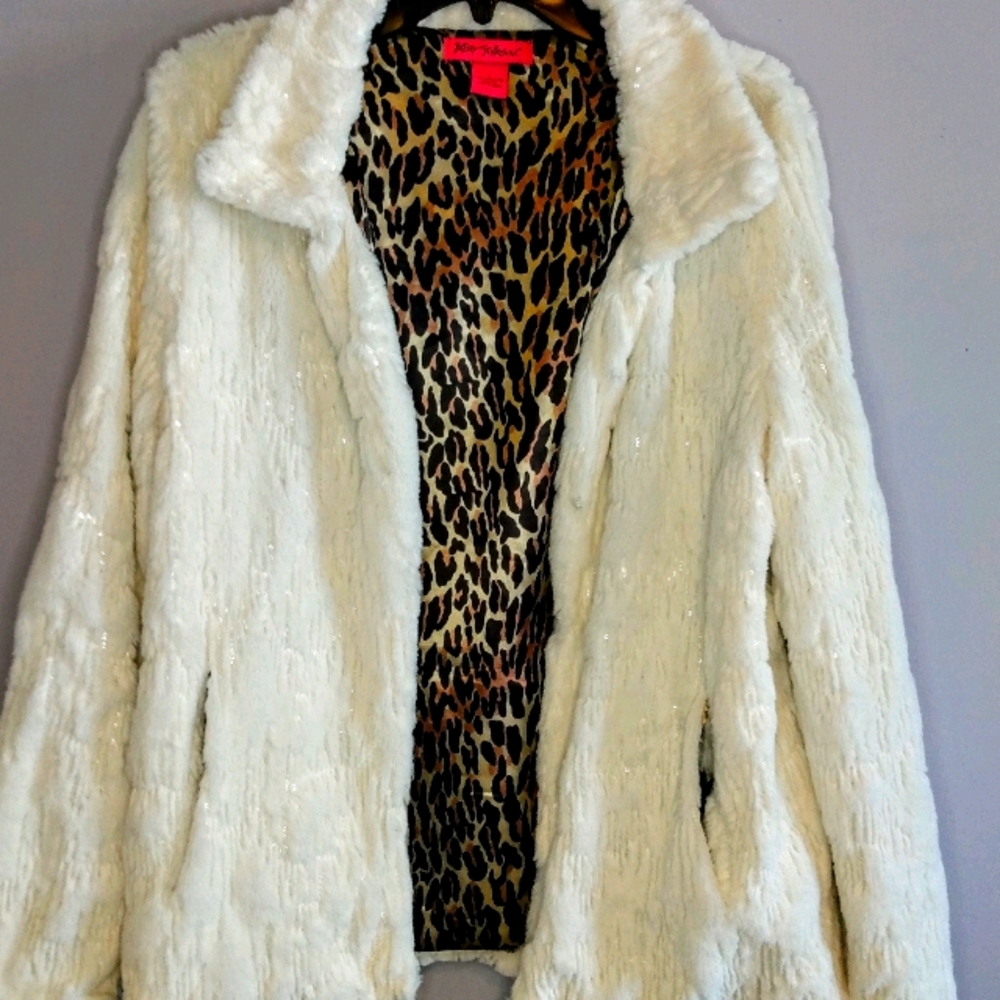 Betsey Johnson Cream Faux Fur Coat with Leopard Lining
